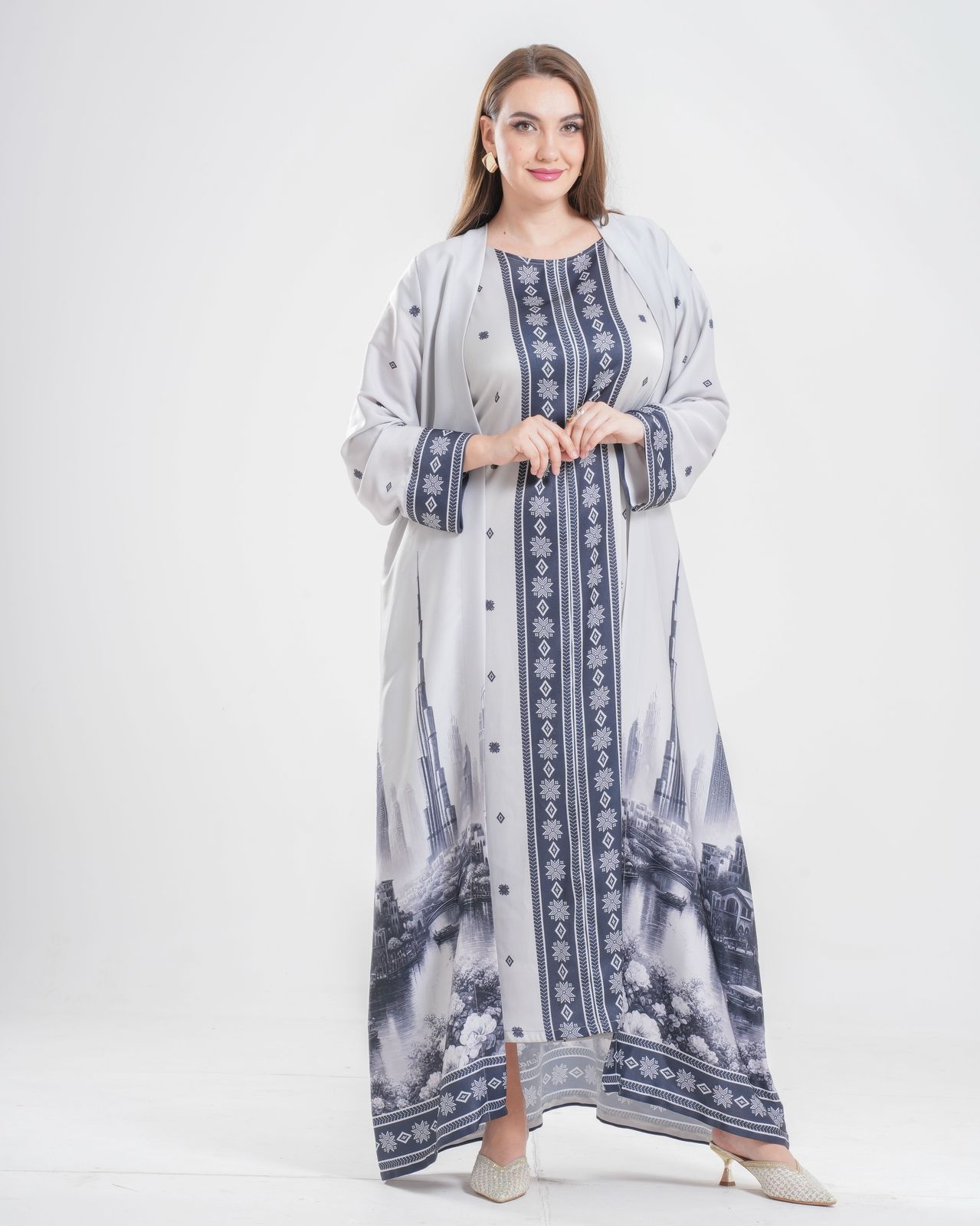 Dubai Theme light Grey Abaya with inner dress