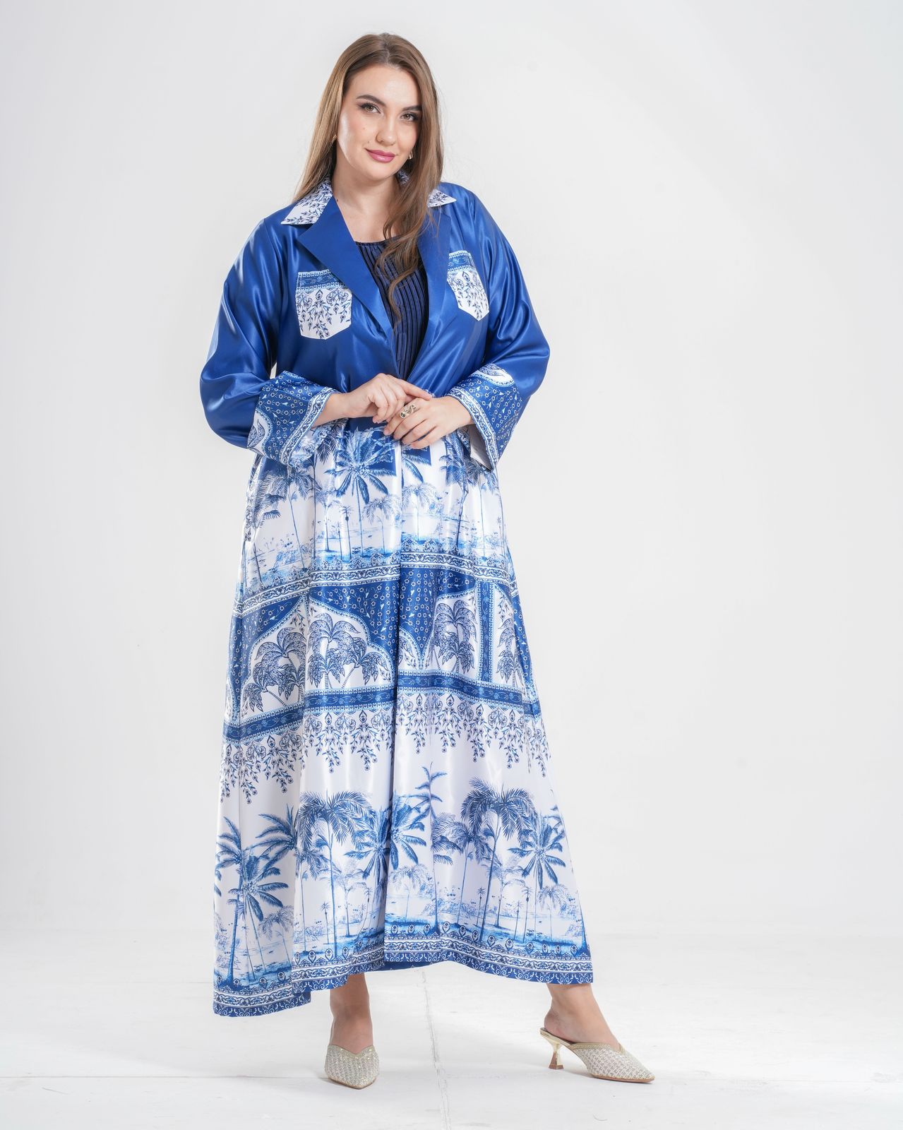 Printed Blue And White Abaya taffeta silk