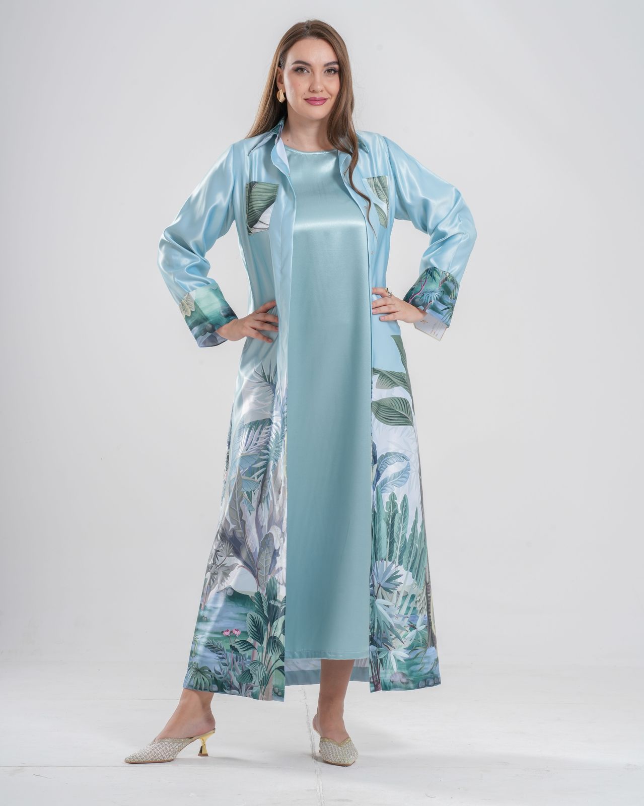 Printed Green Abaya taffeta silk