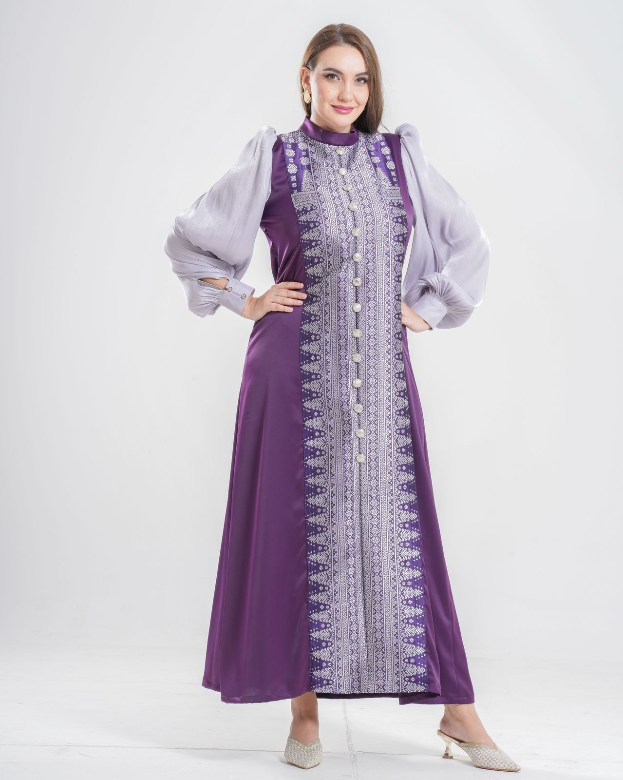 Silver and purple dress using luxurious handwoven textile